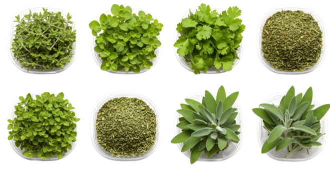 A vibrant display of fresh herbs arranged in white bowls, showcasing their colors and textures against a clean background