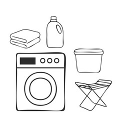 Black and white outline flat set with washer, dryer, detergent and laundry basket