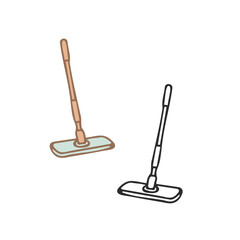 Color and black white outline flat mop set isolated on white