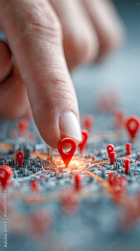 Poster a finger points to a glowing spot on a digital map filled with 3d location pins and network routes, 