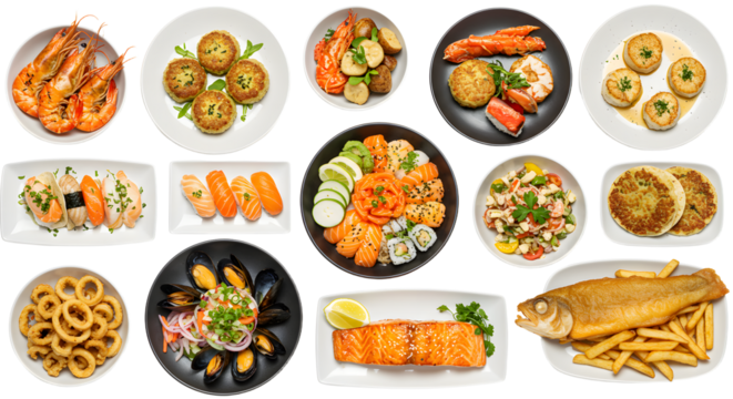 A vibrant seafood platter featuring shrimp, salmon, sushi, and various side dishes arranged on white plates, perfect for a feast