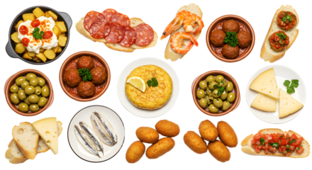 A vibrant spread of assorted tapas featuring meats, seafood, cheeses, and olives, set against a neutral background