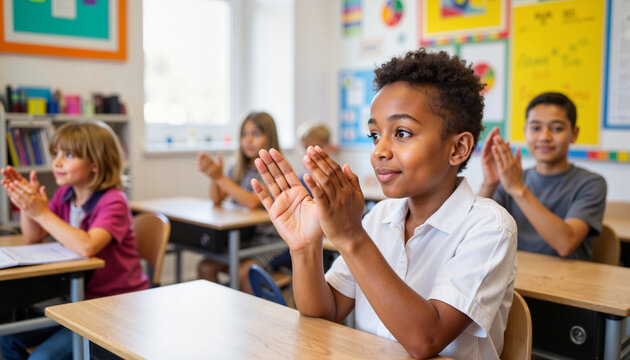 Engaged pupil applauding in cozy classroom during mid-morning session