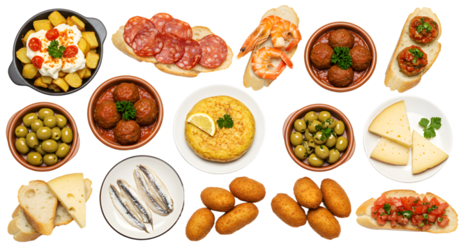 A vibrant spread of assorted tapas featuring meats, seafood, cheeses, and olives, set against a neutral background