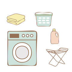 Color outline flat laundry set with washer, dryer, detergent and towel