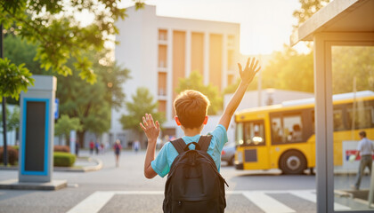 Boy waving goodbye at a bus stop in morning light, childhood farewell