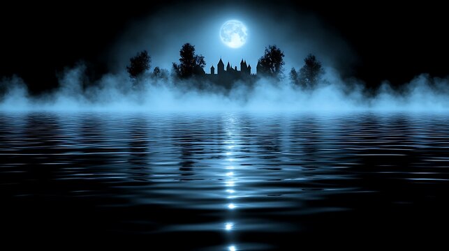 Misty moonlight over a lake with a castle silhouette.