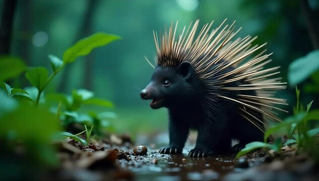 Crested porcupine laughing softly with squeaks