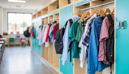 Neatly displayed school uniforms in locker room, educational setting