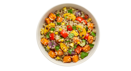 Colorful quinoa salad with mixed vegetables and herbs, beautifully arranged in a bowl, ideal for healthy meal promotion