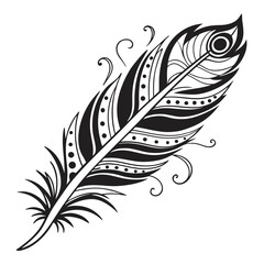 Obraz premium Intricate black feather silhouette with swirling decorative elements isolated on white background