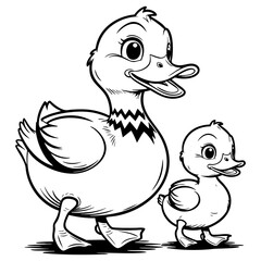 Cute Duck Mom and Baby Walking Happily Together in Cartoon Style