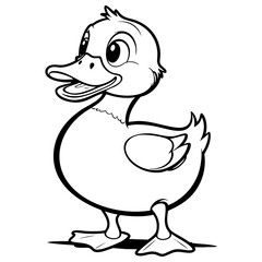 Single Happy Cartoon Duck Standing in Outline Style for Coloring Page