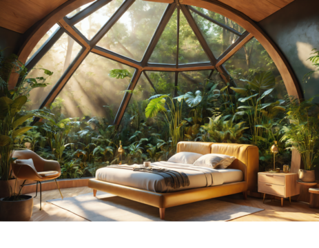 Digital detox retreat dome in lush futuristic forest