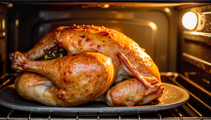 Fototapeta premium Roasted turkey on a platter inside oven with golden skin 