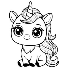 Cute Cartoon Unicorn with Big Eyes and Flowing Mane for Coloring