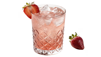 Refreshing pink strawberry cocktail with ice and fresh fruit garnish isolated on transparent background