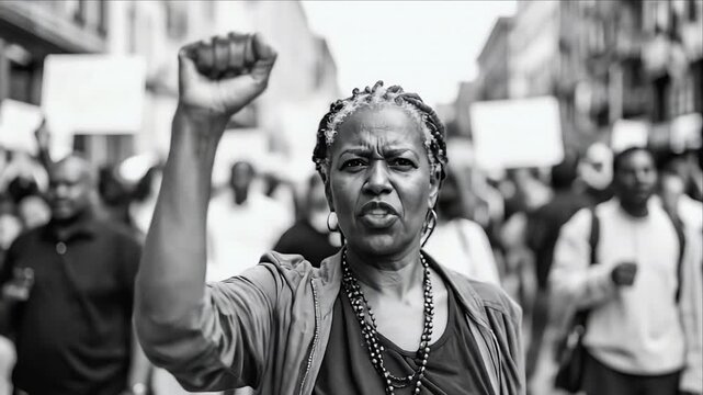 An older woman raises a fist in protest in a grayscale street scene