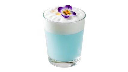 A tall glass of refreshing blue layered cocktail topped with whipped cream and a delicate purple flower isolated on transparent background
