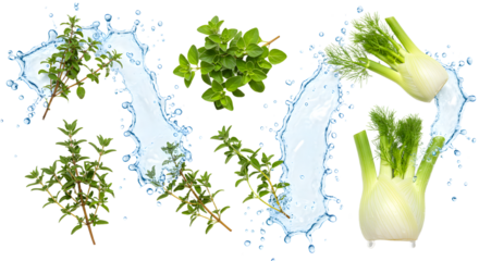 Fresh herbs and vegetables arranged artistically with flowing water, showcasing vibrant colors and natural textures