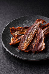 Dried salted fish as snacks or jerky, seafood as slices. Dried seafood snacks