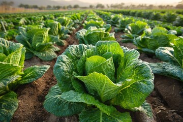 Naklejka premium Lush green cabbage field under bright sunlight in rural farm landscape