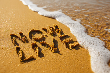 Handwritten Now Live in Wet Beach Sand with Small Wave Softening the Text – Perfect for Product Launch Headers or Website Promos