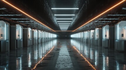 Futuristic Hallway Lined with Glowing Panels.

