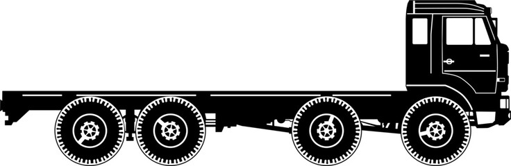 Silhouette of a heavy all-terrain truck with a straight flatbed deck. Vector.