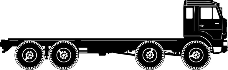 Silhouette of a heavy all-terrain truck with a straight flatbed deck. Vector.