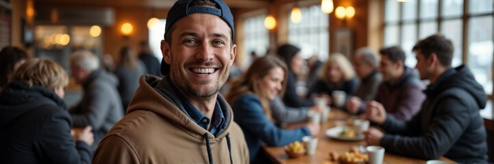 Smiling man is volunteering, with group seated at tables, engaged in food distribution. Volunteers contribute time, effort to food distribution at fair.