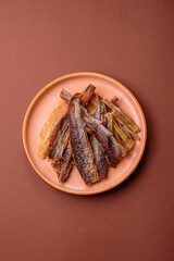 Dried salted fish as snacks or jerky, seafood as slices. Dried seafood snacks