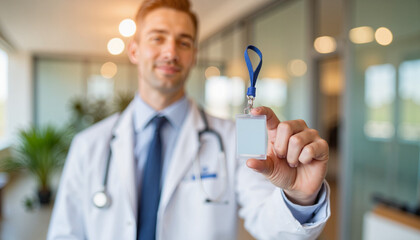 Male doctor displaying ID badge and smiling in modern clinic setting  
