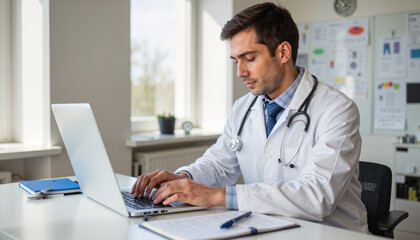 Obraz premium Male doctor working on laptop in modern office environment 