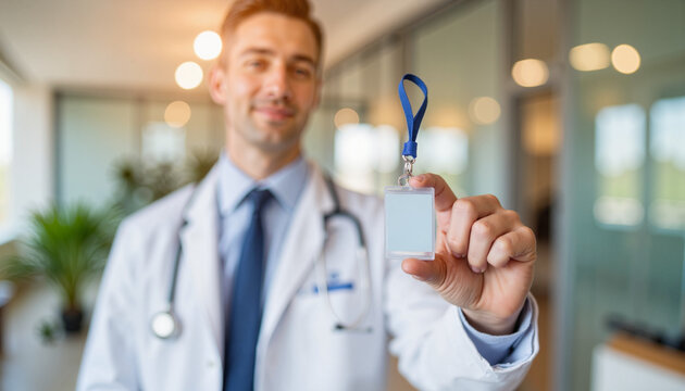 Male doctor displaying ID badge and smiling in modern clinic setting  