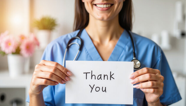 Female doctor smiling while holding "Thank You" card in clinic  