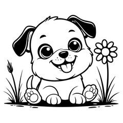 Cute Sitting Puppy with Big Eyes and Flowers in Background