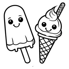 Smiling Ice Cream Cone and Popsicle Coloring Page with Cute Faces