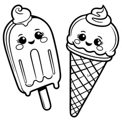Adorable Smiling Ice Cream Cone and Popsicle Duo for Coloring