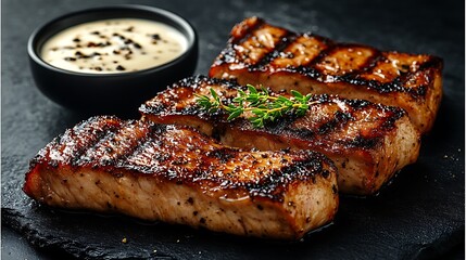 Grilled pork chops with a creamy sauce.