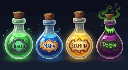 Colorful magical potion bottles, each labeled with unique properties and effects.