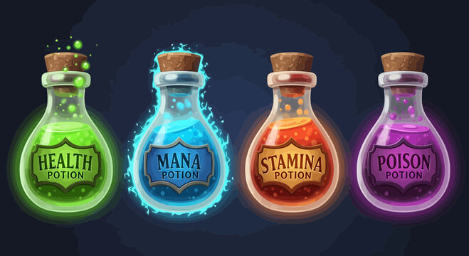 Magical potion bottles with different labels and glowing effects, set against a dark background. Each potion has a unique color and name: health, mana, stamina, and poison.