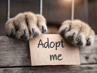 Dog’s paws visible in a shelter cage with “Adopt Me” sign. Perfect for animal rescue, pet adoption campaigns, and awareness projects.