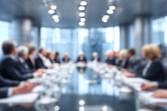 Blurred business meeting in modern conference room with diverse professionals