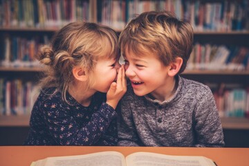 Young caucasian girl whispering to caucasian boy in library setting