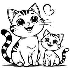 Adorable Mother and Baby Cats with Heart Symbol Coloring Page