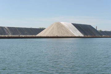 pile of aggregate viewed across from a ship channel