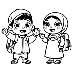 Happy Muslim Boy and Girl Greeting Together Coloring Page for Kids