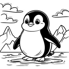 Cute Penguin Standing on Ice in Mountain Landscape