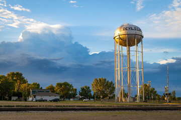 Scenic view of Devils Lake Water Tower at golden sunset light